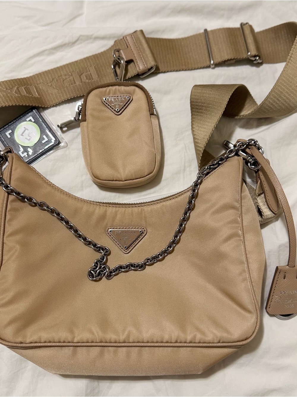 Prada Tan Nylon Shoulder Bag with Chain & Pouch